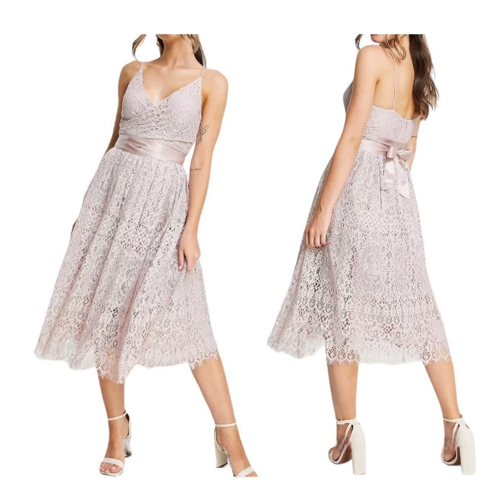 ASOS Design NEW Lace Prom Dress Sz 8 Women’s Wrap Waist Blush Pink V Neck Lined